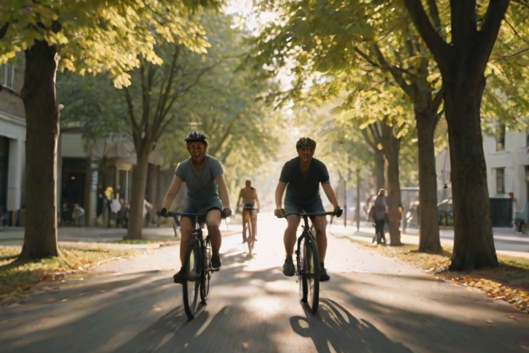 Blurry, candid photo of a group of friends riding bicycles through a tree-lined street, laughter frozen in the moment, sunlight filtering through the leaves, shadows cast on the pavement, the sound of spinning wheels and distant chatter filling the air.