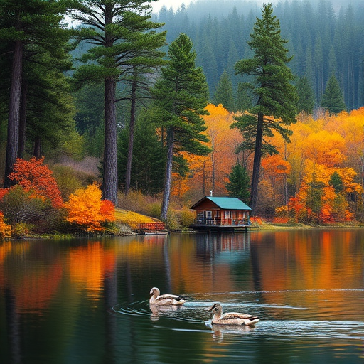 create a serene autumn landscape with a cozy cabin by a calm lake surrounded by tall pine trees and colorful foliage, capturing ducks swimming on the water's surface, shot with a DSLR camera at f/8 aperture, ISO 100, 24mm lens, in soft morning light, with a shallow depth of field for enhanced bokeh.