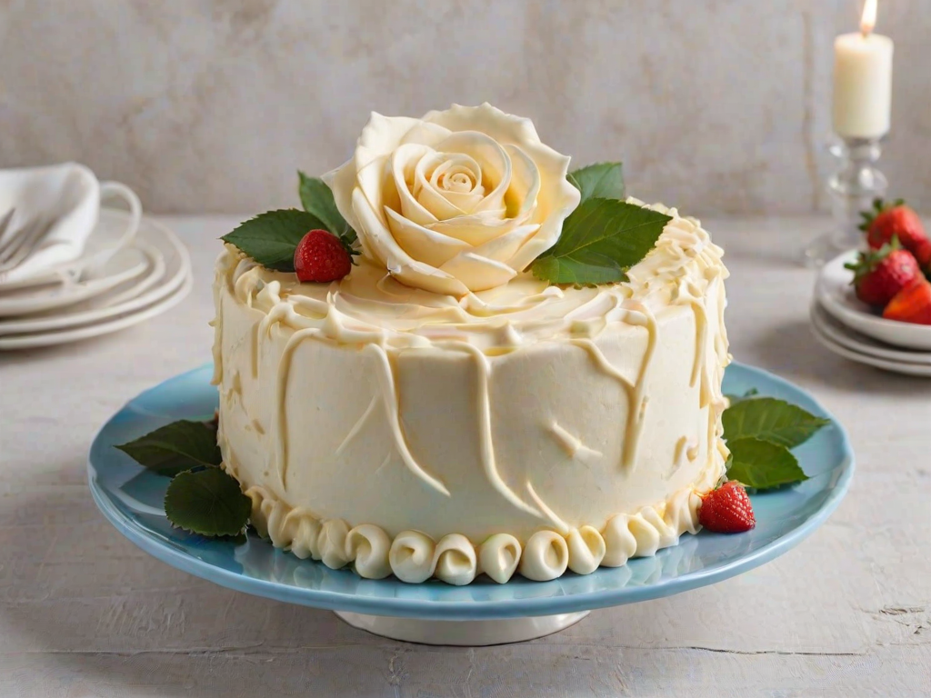 Generate an image of a beautifully decorated cake with a large white chocolate rose on top. The cake should have a smooth white frosting and be displayed on a decorative blue and white plate. A slice of the cake should be cut out, revealing layers of light-colored cake with strawberry filling. The setting should have a warm, inviting atmosphere.