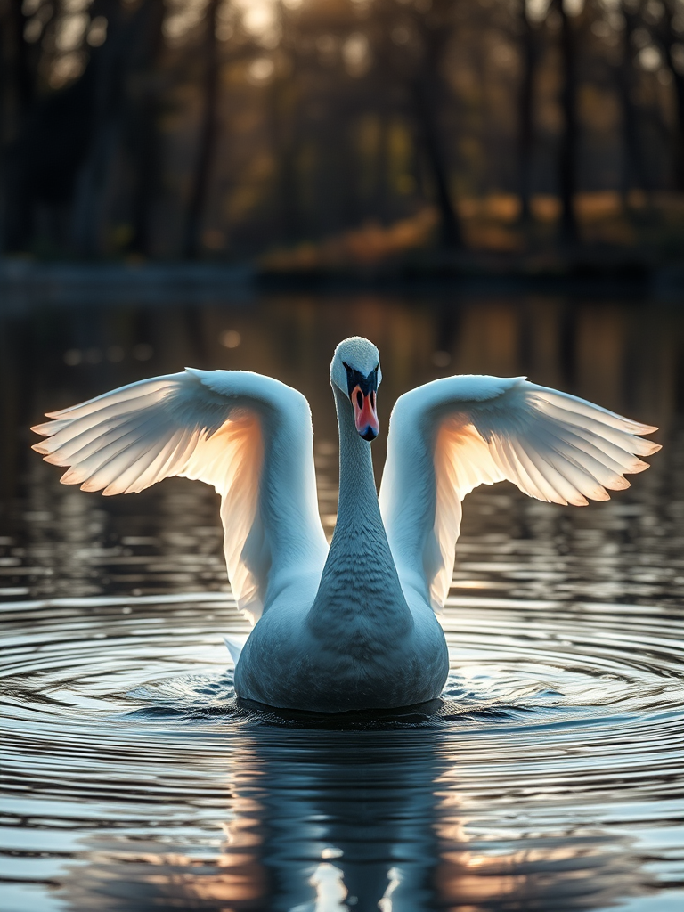 Create a serene image of a swan spreading its wings on a tranquil lake at dawn with soft sunlight streaming through the trees, using a Canon EOS R5, 85mm f/1.2 lens, aperture set to f/1.8, ISO 100, and a shallow depth of field for enhanced detail and vibrancy.