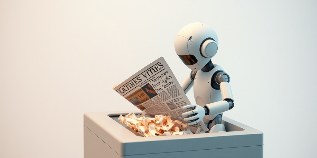 create an image of a 3D humanoid figure shredding a newspaper in a modern paper shredder, use a Canon EOS R5 camera with a 50mm lens, aperture set to f/2.8, ISO 100, and a shallow depth of field for a soft background; capture from a slightly elevated angle to emphasize the action