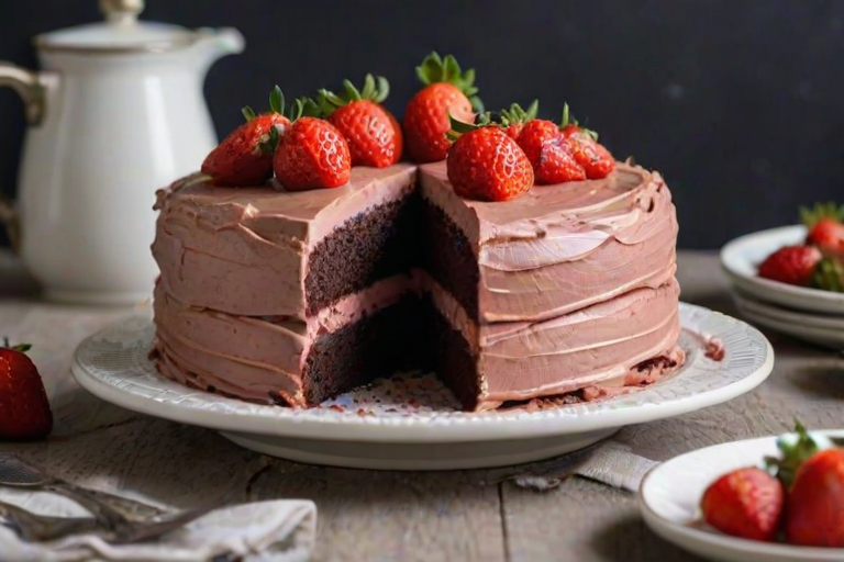 Create an image of a layered chocolate cake with strawberry frosting. The cake should have visible layers of chocolate sponge and strawberry filling, decorated with fresh strawberries on top. A slice of the cake should be shown being lifted out, revealing the rich interior. The setting should be bright and inviting, with soft lighting and a simple, elegant plate.