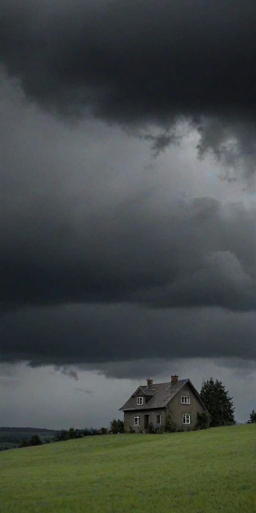 a solitary house on a hill under a moody sky filled with dark clouds, monochrome atmosphere, rural setting, slight overcast lighting