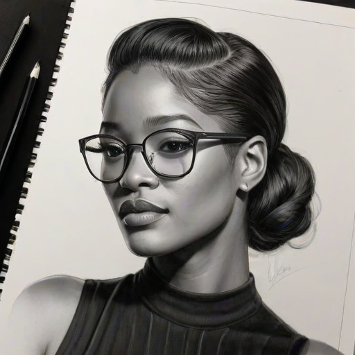 Fascinating Keke Palmer, pencil sketch, portrait of Elegant woman 1922s in glasses, hair style beatnik, outline, clear lines, fine lines, 8k