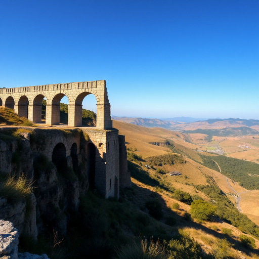 a scenic view of an ancient stone aqueduct bridge spanning across rolling hills and valleys, with a clear blue sky, captured with a Canon EOS 5D Mark IV, f/8 aperture, ISO 100, 24mm focal length, wide-angle perspective, natural lighting