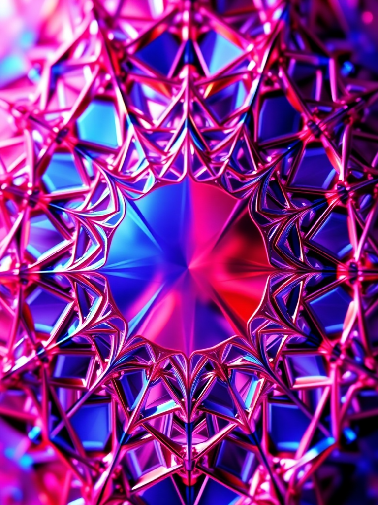 generate a vibrant abstract 3D graphic with intricate geometric patterns and a blend of red, blue, and purple colors, using a Canon EOS R5 camera, 50mm lens, f/1.8 aperture, ISO 100, and a macro view to enhance detail and color depth.
