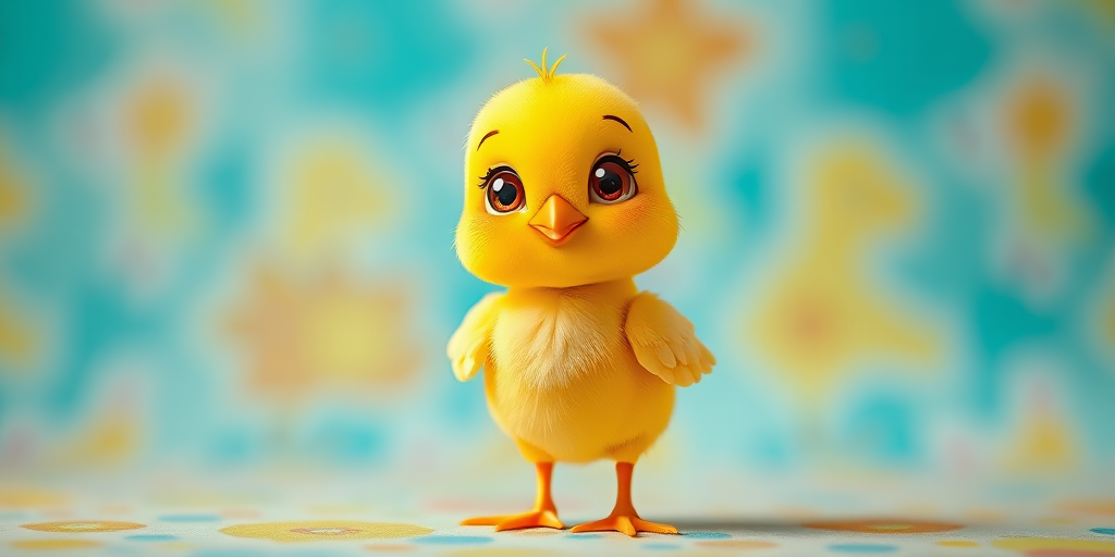 A cute cartoon chick standing with a playful expression, bright yellow color with polka dots, vibrant background, shot with a DSLR camera at f/2.8, 50mm lens, using soft diffused lighting for a soft focus effect.