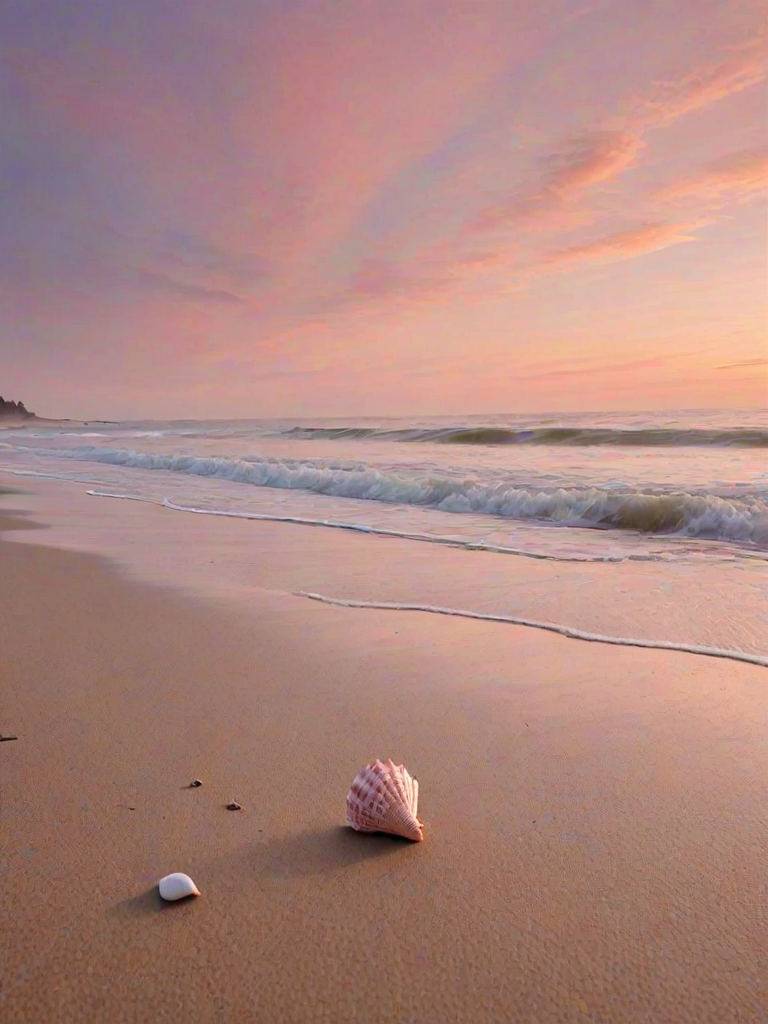 Sharp, high-resolution image of a deserted beach at dawn, soft pink and orange hues painting the sky, gentle waves lapping at the shore, a lone seashell resting on the sand, distant seagulls flying overhead, the peaceful stillness of the early morning captured.