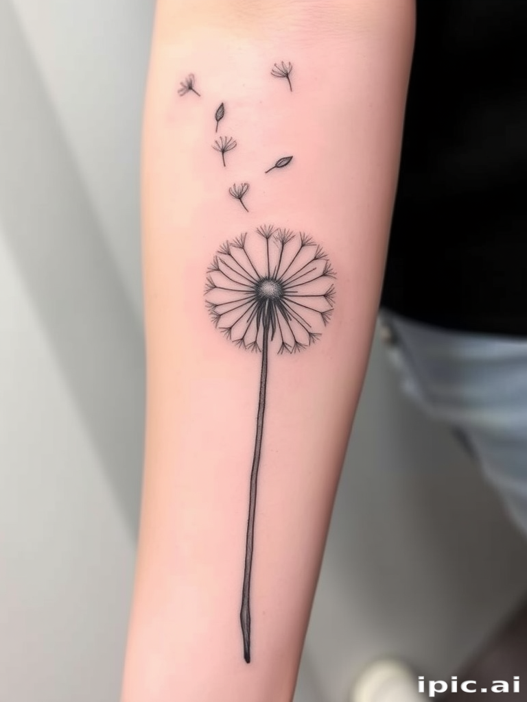 Fine line tattoo illustrating a detailed botanical drawing of a dandelion with seeds floating away, emphasizing delicate linework and negative space, named "Whispers of Wishes"