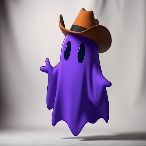 Create an image of a cartoonish purple ghost wearing a cowboy hat and red bandana, captured with a 50mm lens, f/1.8 aperture, in a studio setting with soft lighting.