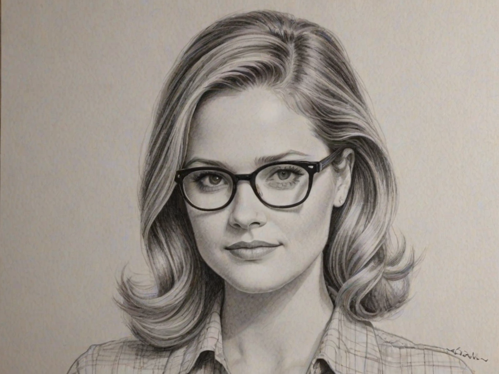 Pleasing Maggie Lawson, pencil sketch, portrait of Lovely woman 1956s in glasses, hair style beatnik, outline, clear lines, fine lines, 8k
