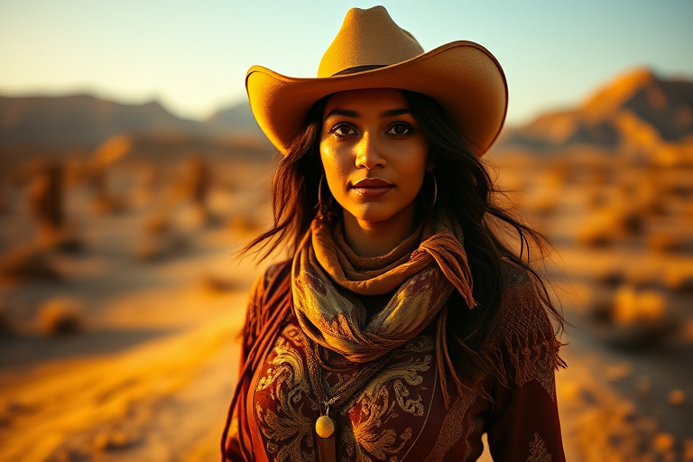 Dramatic photo of a beautiful Bangladeshi woman, classic cowboy attire, confident and free spirit expression, half-length portrait, centered, golden hour desert landscape, warm, diffused light, low angle, medium format film camera, in style of Annie Leibovitz.