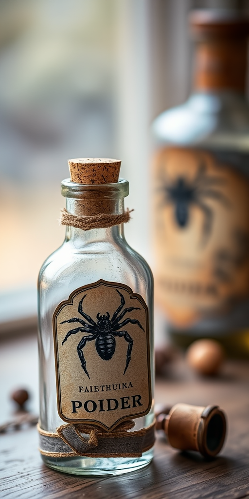 Create a high-resolution image of a vintage potion bottle with a textured cork, clear glass, and a label featuring a spider motif, captured in natural light with a shallow depth of field using a DSLR camera, 50mm lens, f/2.8 aperture, ISO 100, and soft focus background.