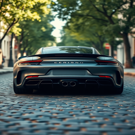 regenerate a high-resolution image of a sleek matte finish sports car parked on a cobblestone street surrounded by blurred trees during daylight, captured with a Canon EOS R5 camera at f/2.8 aperture, ISO 100, 1/250 sec shutter speed, low-angle view, focusing on the rear of the car, using a wide-angle lens to enhance perspective and detail