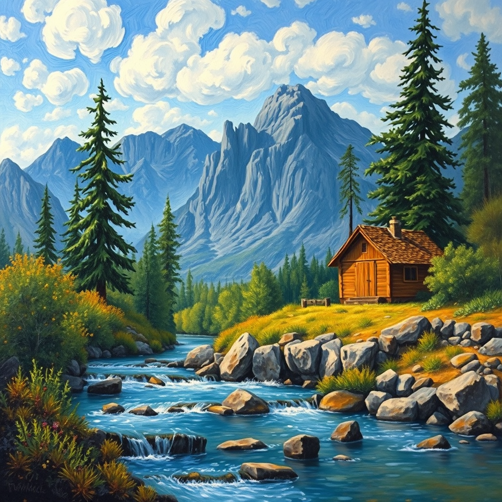 This Van Gogh-inspired painting depicts a peaceful scene of a small cabin located near a flowing river. The scene is surrounded by lush vegetation, including tall trees and rocky terrain. In the background, majestic mountains rise under a sky filled with rolling clouds. The river gently cascades over the rocks, adding a sense of movement and tranquility to the scene. The use of vibrant colors and detailed brushstrokes create a sense of depth and harmony in the natural setting.