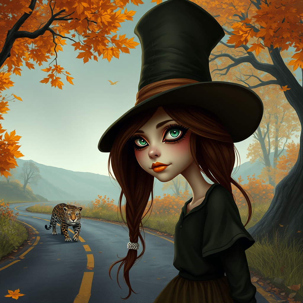 digital art fantasy depicting a strange girl with brown hair, long eyelashes, Yellow lipstick and a tall hat walking along a winding road on an autumn afternoon, an Jaguar smiles as she passes