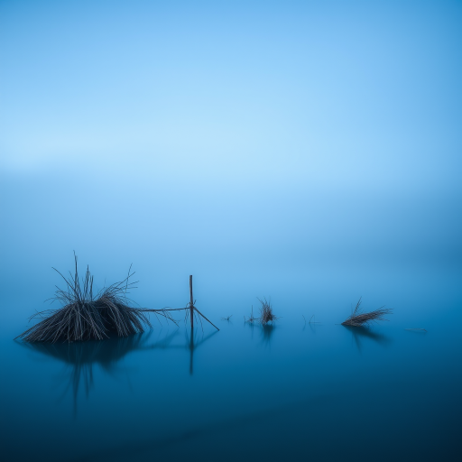 Create a serene landscape image of a misty lake at dawn with soft blue hues, using a Canon EOS R5 with a 24mm f/1.4 lens, aperture set to f/8, shutter speed at 1/60s, ISO 200, and a long exposure effect to capture smooth water reflections.