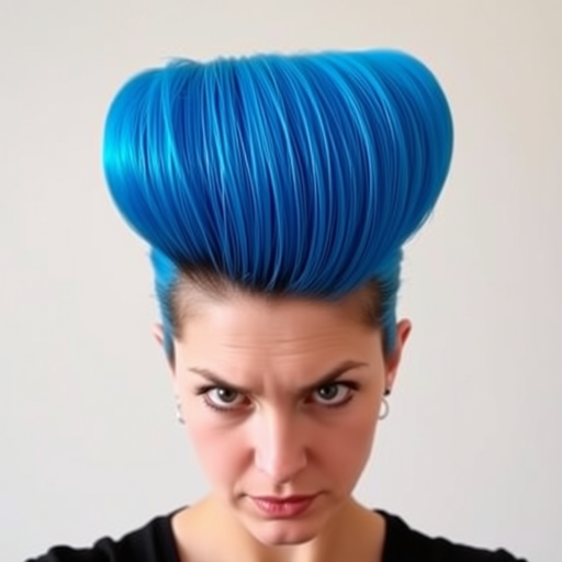 Image of a woman with their hair styled upright,  in a cylinder shape. The hair  color is neon blue and appears to be held in place by a hair product, giving it a fluffy texture. The background is nondescript, and the person's face is looking at the viewer nervously.