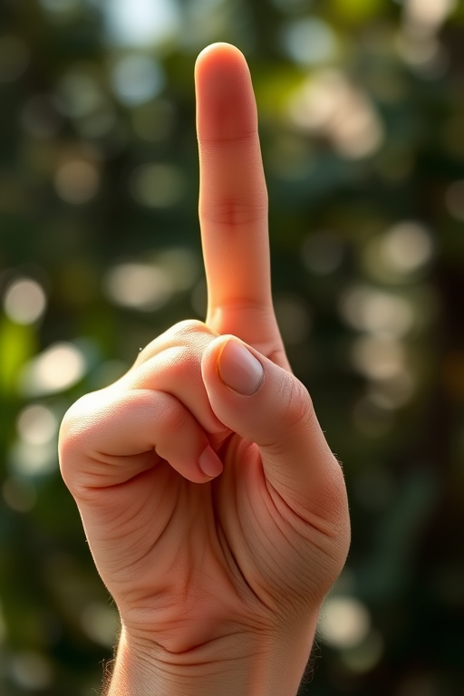 Create a high-resolution image of a hand with the index finger raised, using a Canon EOS R5 camera, 50mm lens, aperture f/1.8, ISO 100, natural lighting, and a soft-focus background to enhance detail and clarity.