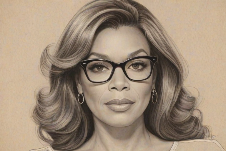 Fascinating Wendy Williams, pencil sketch, portrait of Magnificent woman 1943s in glasses, hair style beatnik, outline, clear lines, fine lines, 8k