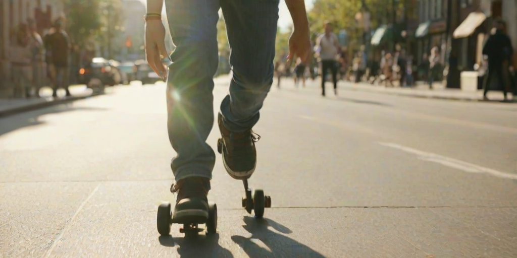 Blurry action shot of a rollerblader speeding down a city street, wind blowing through their hair, sunlight reflecting off the pavement, pedestrians watching from the sidewalk, the distant sound of music and soft chatter filling the air.