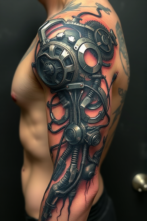 Biomechanical tattoo titled "Cybernetic Awakening" featuring a fusion of organic forms and mechanical components, showcasing hyper-realistic metal textures and exposed circuitry beneath torn skin