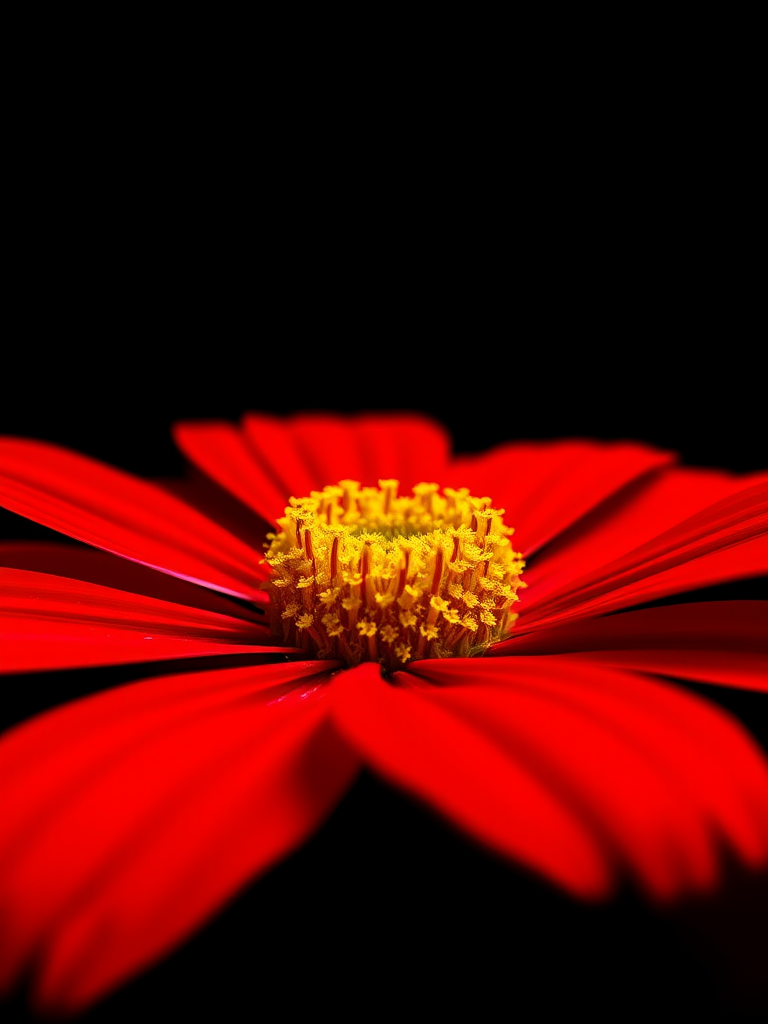 create a highly detailed illustration of a red flower with a yellow center, using a macro lens with a shallow depth of field, aperture set at f/2.8, ISO 100, capturing soft natural light and vibrant colors, with a focus on intricate petal textures against a plain black background