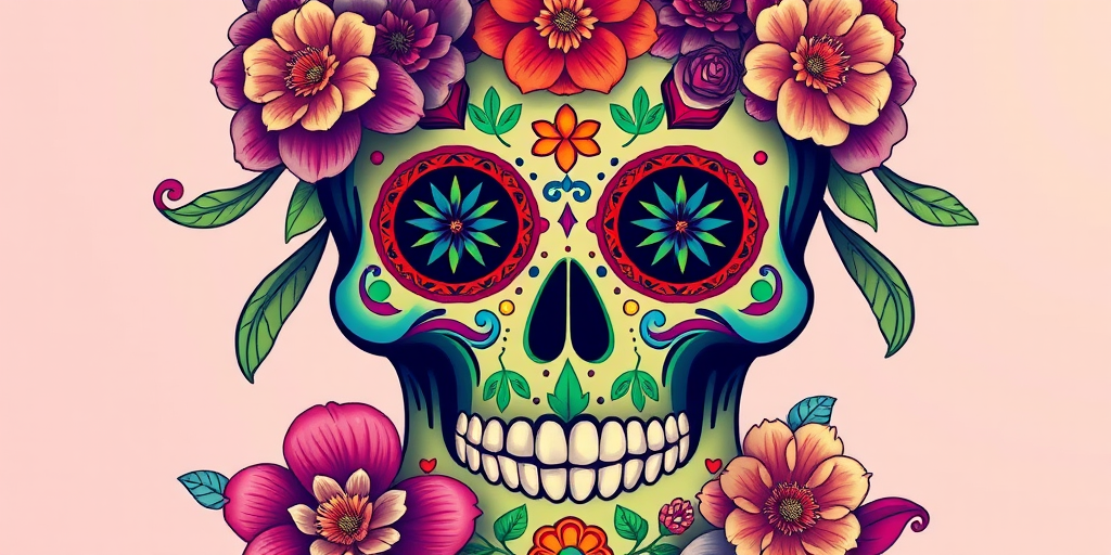 Create an intricate sugar skull illustration featuring vibrant colors and floral details, with a sharp focus, high saturation, and a soft gradient background, captured in a digital art style with a resolution of 300 DPI, using a Canon EOS 5D Mark IV with a 50mm lens at f/1.8 for a shallow depth of field and vivid colors.