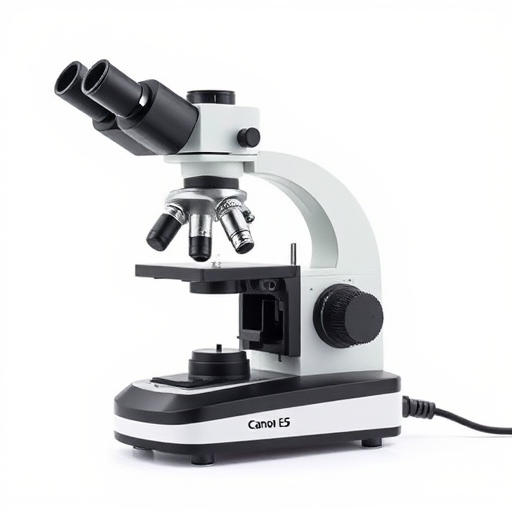 a detailed illustration of a microscope, captured with a Canon EOS R5, aperture f/8, ISO 100, 50mm lens, side view, clean white background, high resolution