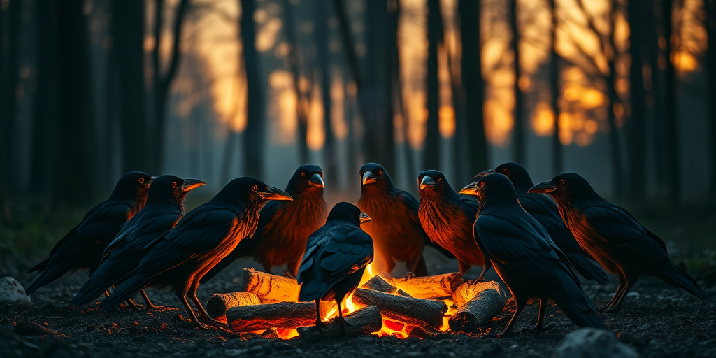 A group of ravens gathered around a crackling campfire in a dark forest during twilight, warm light illuminating their feathers, high-resolution, f/2.8 aperture, ISO 400, 24mm lens, with a slightly elevated angle for depth, shot on a digital DSLR.