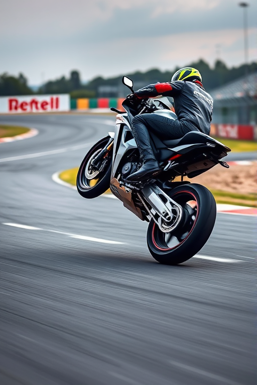 Capture a high-resolution image of a motorcycle performing a wheelie on a racetrack, using a Canon EOS-1D X Mark III with a 70-200mm f/2.8 lens, set to 1/1000s shutter speed, ISO 400, and f/4 aperture, shot from a low angle to emphasize speed and dynamic movement.