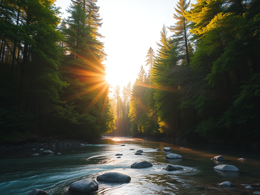 Create an image of a serene, sunlit forest scene with a clear, gently flowing river. Tall trees with lush green foliage line both sides of the river, their leaves bathed in the warm golden light of the setting or rising sun. The sunlight filters through the trees, casting soft, dappled light on the river, which flows over smooth rocks and pebbles, creating a peaceful, natural atmosphere. The sky is bright with a few scattered clouds, and the overall mood is tranquil, evoking a deep sense of connection with nature. The image captures the beauty of a calm, pristine forest landscape at either dawn or dusk.