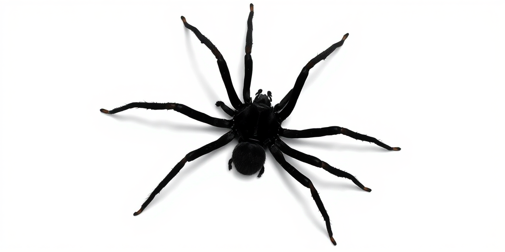 Regenerate the image of a stylized black silhouette of a spider against a plain white background, utilizing a Canon EOS R5 with a 50mm f/1.2 lens at ISO 100, aperture f/8, shutter speed 1/200s, in a top-down view style with soft natural lighting for enhanced clarity and detail.