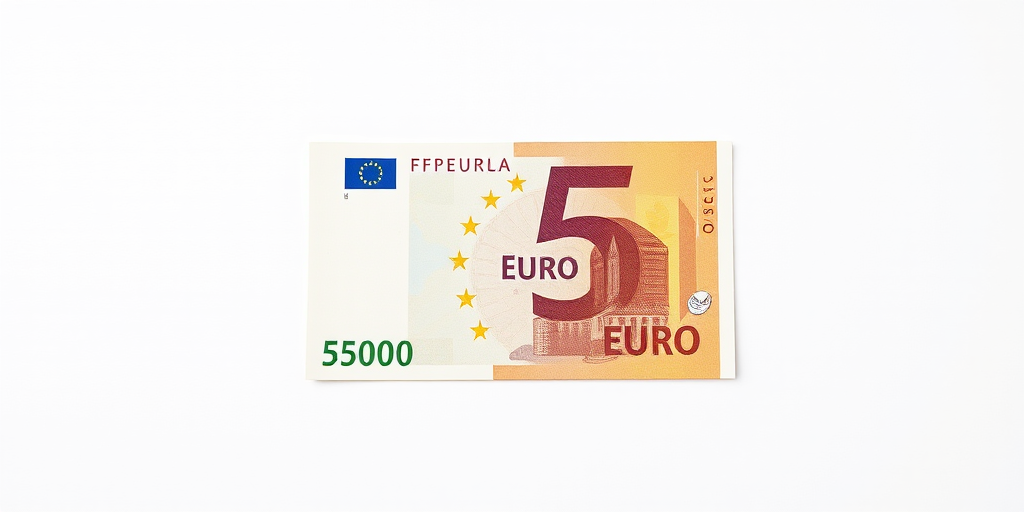 Create a high-resolution image of a 5 Euro banknote, centered in the frame with a clean background, using a DSLR camera at f/8 aperture, ISO 100, 50mm lens, shot from a straight-on perspective to capture details and enhance clarity.