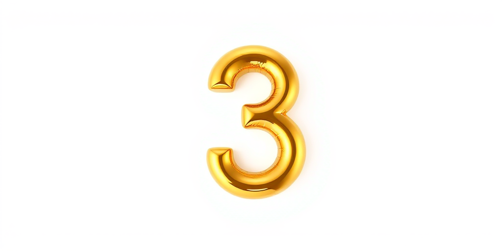 create a shiny gold number 3 with a glossy finish on a white background, 35mm lens, f/2.8 aperture, ISO 100, soft lighting, captured with a digital camera