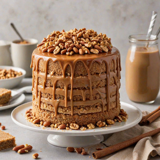 Create an image of a layered cake with a crumbly base, a smooth peanut butter filling, and a shiny caramel topping. The cake should be garnished with crushed nuts and served on a white plate, with a slice cut out to reveal the layers inside. Include a cozy kitchen backdrop with cinnamon sticks and a small bowl of crushed nuts nearby.