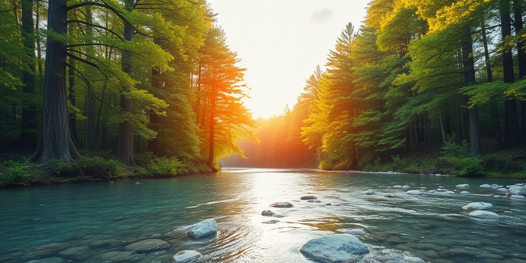 Create an image of a serene, sunlit forest scene with a clear, gently flowing river. Tall trees with lush green foliage line both sides of the river, their leaves bathed in the warm golden light of the setting or rising sun. The sunlight filters through the trees, casting soft, dappled light on the river, which flows over smooth rocks and pebbles, creating a peaceful, natural atmosphere. The sky is bright with a few scattered clouds, and the overall mood is tranquil, evoking a deep sense of connection with nature. The image captures the beauty of a calm, pristine forest landscape at either dawn or dusk.