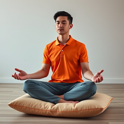 Generate a high-resolution image of a person meditating, sitting cross-legged on a soft cushion, wearing an orange polo shirt, with minimalist background, using a Canon EOS R, 85mm lens, f/1.8 aperture, ISO 100, soft lighting for smooth skin tones.