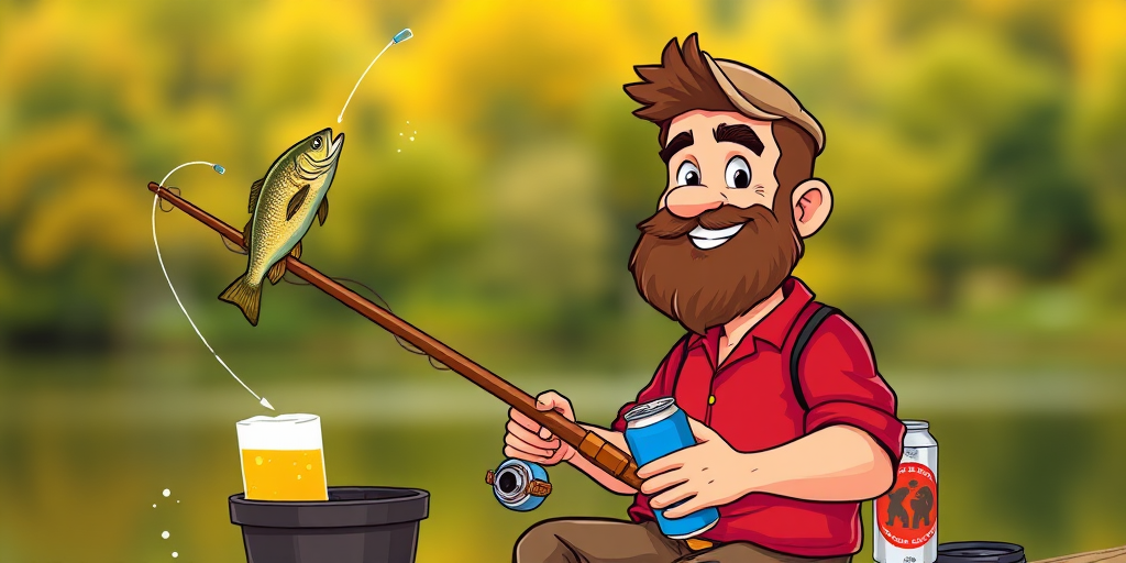 Create a vibrant cartoon-style illustration of a man with a beard in a red shirt holding a fishing rod with a fish on the line, a bucket beside him and a can of beer, with a blurred natural outdoor background, using a Canon EOS R5 camera, 50mm lens, aperture f/2.8, shutter speed 1/200s, ISO 100.