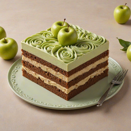 Generate an image of a rectangular layered cake topped with swirls of light brown frosting. The cake should have a textured surface with a pattern of raised peaks and should be decorated with small chocolate pieces. The setting includes a simple plate and a table with a neutral background, featuring subtle fruit elements like green apples.