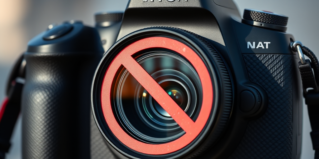 Generate an image of a camera with a prohibition symbol, using a DSLR camera at 24mm focal length, aperture f/4, ISO 200, in natural lighting, with a shallow depth of field to highlight the symbol.