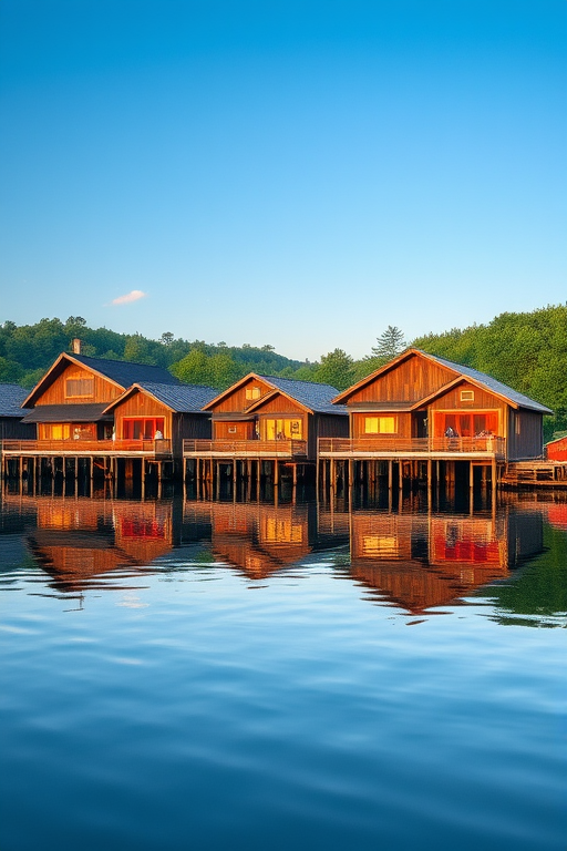 Capture a serene lakefront view of wooden houses on stilts, reflecting on calm water, with a clear blue sky and lush greenery, using a DSLR camera, 24mm lens, aperture f/8, ISO 200, shutter speed 1/200s, in early evening light for enhanced color saturation.