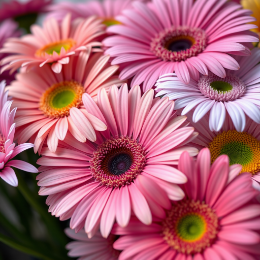High-resolution close-up of a variety of gerbera daisies in soft natural light, aperture f/2.8, ISO 100, shutter speed 1/60, with a shallow depth of field to emphasize the vibrant colors and details, taken with a DSLR camera.