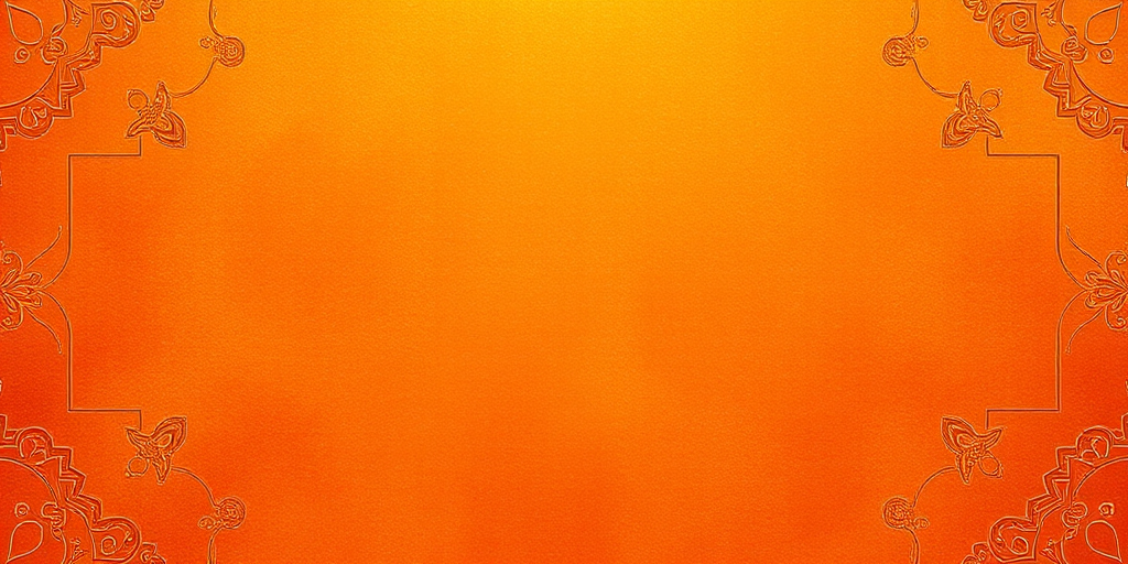Create a richly textured background with a vibrant orange hue featuring intricate patterns and decorative frames in each corner, using a DSLR camera with a 50mm lens, aperture f/2.8, ISO 100, and a shallow depth of field for enhanced detail and clarity.