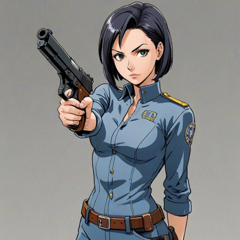 a cartoon anime manga woman holding a Beretta 92FS hand gun pistol