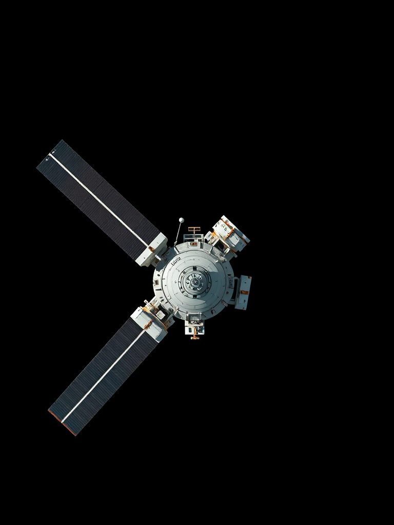 Capture a high-resolution image of a spacecraft in orbit against a black background, using a DSLR camera with a 50mm lens, aperture set at f/8, ISO 100, shutter speed of 1/200 sec, and a top-down aerial view to enhance details and clarity.