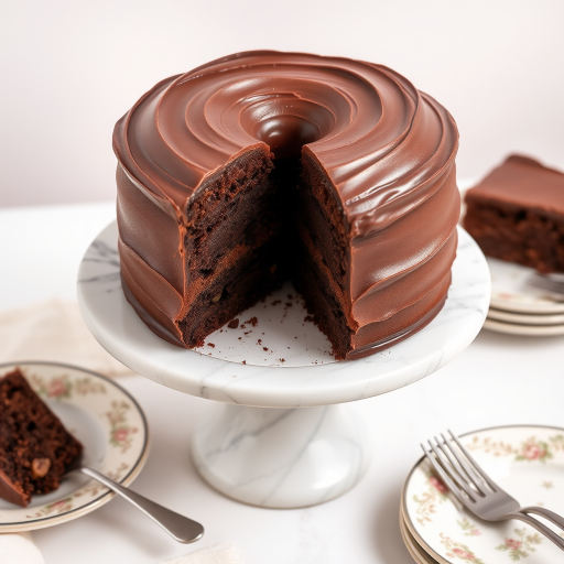 Create an image of a rich chocolate cake with smooth chocolate frosting. The cake should be round and appear moist, with a slice removed to show its fluffy interior. Place the cake on a marble cake stand, with a soft, neutral background. Include decorative plates and a small fork beside the cake for an inviting presentation.