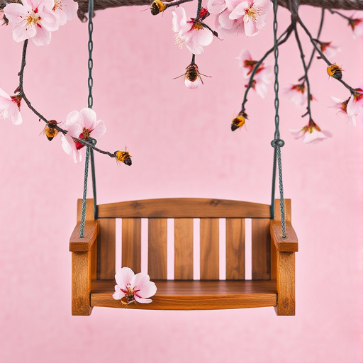 Create an image of a wooden swing adorned with pink cherry blossom flowers and small bees against a soft pink textured background, captured with a DSLR camera at f/2.8 aperture, 50mm lens, with a shallow depth of field and vibrant colors to enhance the dreamy quality.