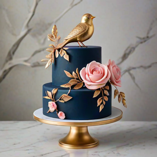 Create an elegant cake design featuring a deep navy blue fondant base adorned with delicate pink roses and gold accents. Include small birds and floral elements for a whimsical touch, and place the cake on a marble pedestal for an upscale presentation. Add a single large pink flower on top for a focal point.