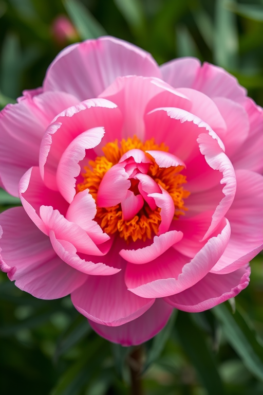 Capture a close-up of a blooming pink peony surrounded by green leaves, using a Canon EOS 5D Mark IV with a 50mm f/1.8 lens, aperture set to f/2.8, ISO 100, natural lighting, shallow depth of field for a soft background blur.